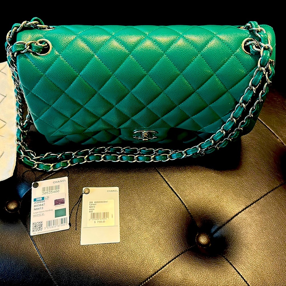 Chanel green classic large silver hardware bag